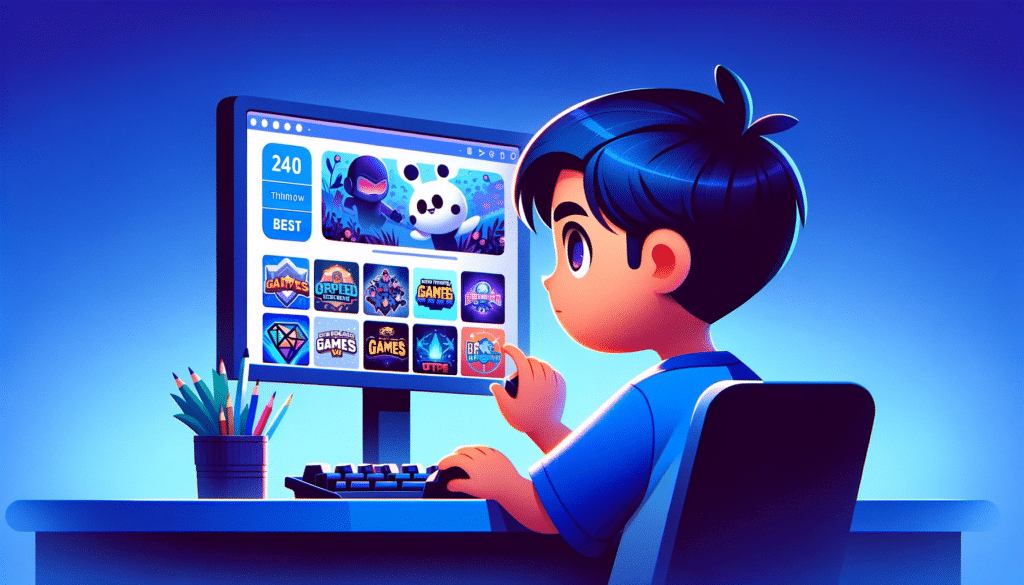 DALL·E 2023 11 15 05.03.05 Thumbnail image with a modern style capturing the mood of finding the best unblocked games. Feature a kid with medium toned skin and short black hair