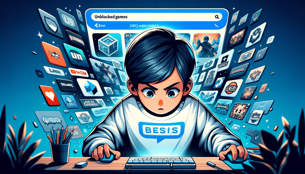 DALL·E 2023 11 15 05.13.19 Create a thumbnail image capturing the excitement of finding the best unblocked games. Feature a kid with medium toned skin and short black hair inte