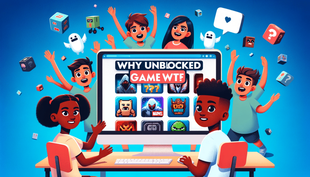 DALL·E 2023 11 15 05.16.57 Create a modern style thumbnail image showcasing the popularity of Unblocked Games WTF among kids and adults. Feature a diverse group of people inc