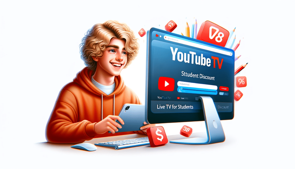 DALL·E 2023 11 15 13.34.49 Create a hyper realistic thumbnail image depicting a student with light toned skin and curly blonde hair happily watching YouTube TV on a computer.