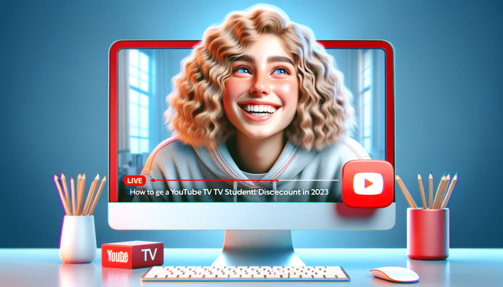 DALL·E 2023 11 15 13.35.07 Create a hyper realistic thumbnail image depicting a student with light toned skin and curly blonde hair happily watching YouTube TV on a computer.