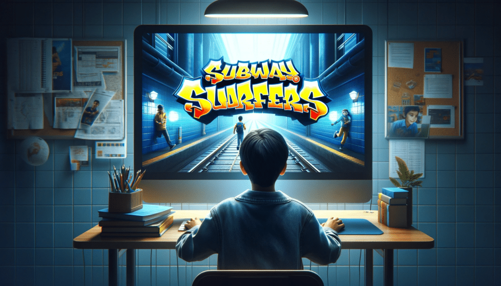 DALL·E 2023 11 17 09.02.55 Create a hyper realistic thumbnail image in 8k resolution focusing on the theme of playing online games specifically Subway Surfers. The central foc