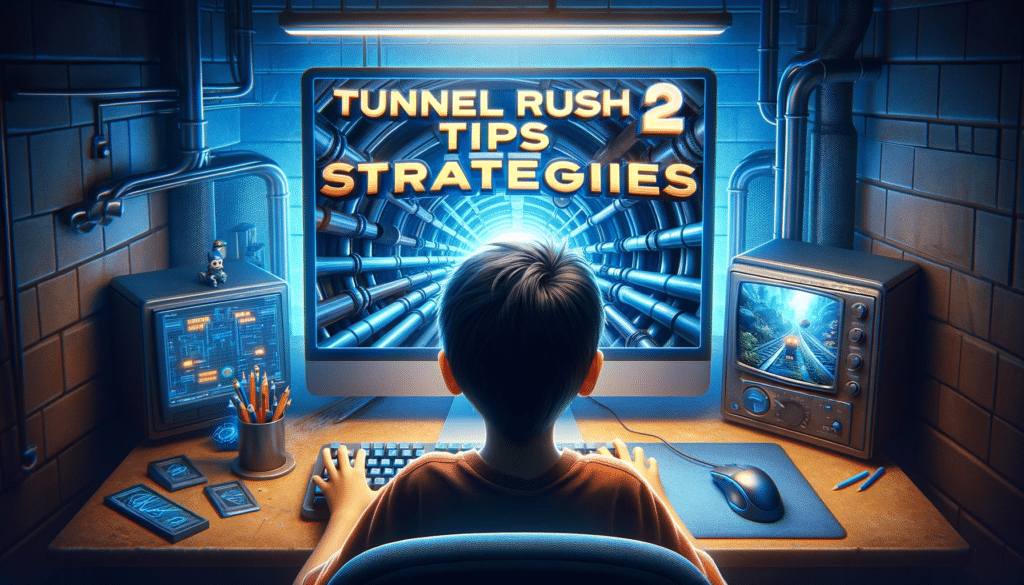 DALL·E 2023 11 17 18.38.53 Create a hyper realistic thumbnail image in 8k resolution focusing on the text for a blog post about the online game Tunnel Rush 2. The central focus