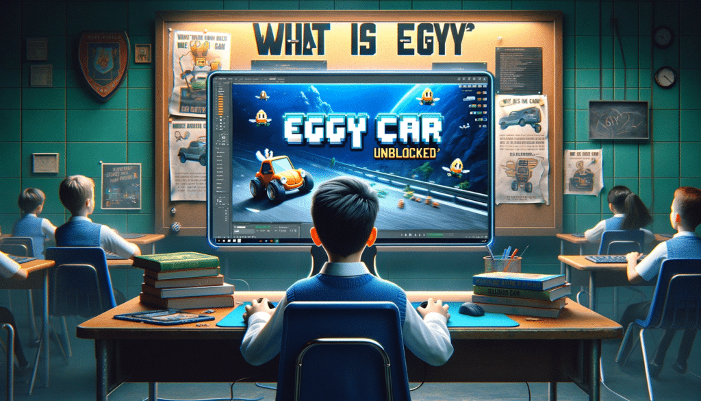 DALL·E 2023 11 18 01.10.18 Create a hyper realistic gaming poster in 8k resolution focusing on Eggy Car unblocked. The image should feature a school kid with medium toned sk