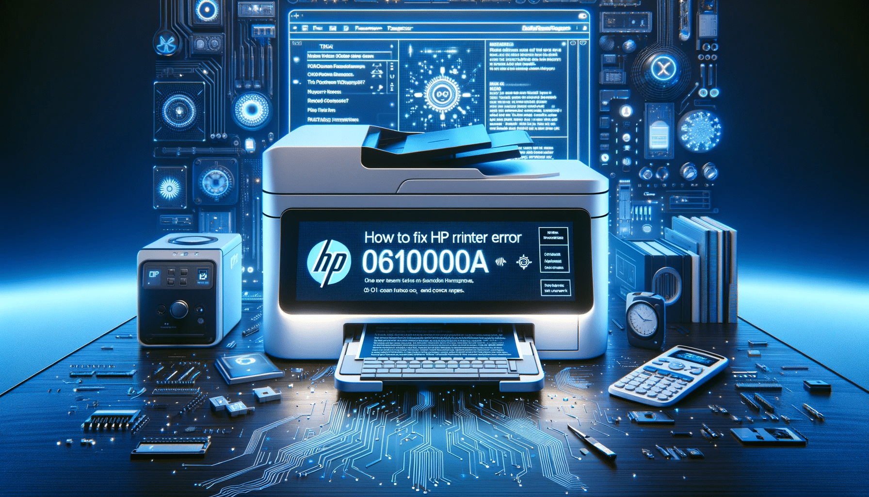 DALL·E 2023 11 28 18.11.42 Create a hyper realistic image in 8k resolution for a tech blog post focusing on fixing the HP printer error 0x6100004a. The image should have a tech