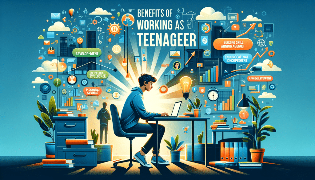 DALL·E 2023 12 04 18.15.22 Create an image for a blog post titled Benefits of Working as a Teenager featuring a dynamic setting showing a teenager in a work environment that