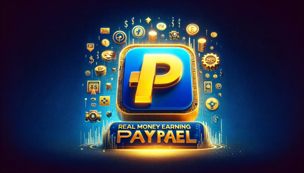 DALL·E 2023 12 12 15.39.30 Create a thumbnail for a blog post titled Real Money Earning Games PayPal. Background Gradient from deep blue to a lighter shade with a slight digi
