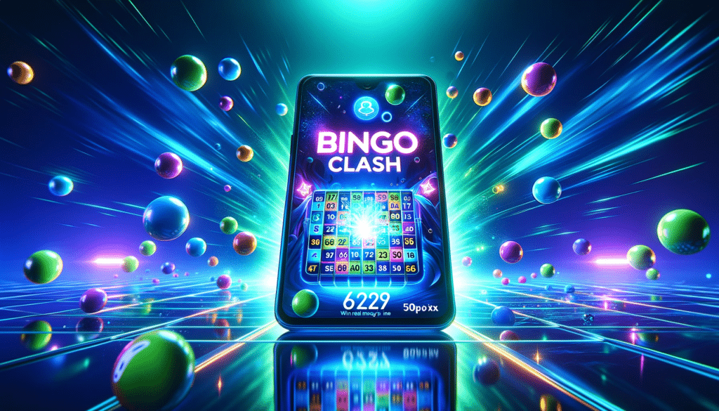 DALL·E 2023 12 26 17.53.51 Create a thumbnail for the blog post Bingo Clash Review. Background Vibrant blend of electric blue and neon green with a hyper realistic 3D rende