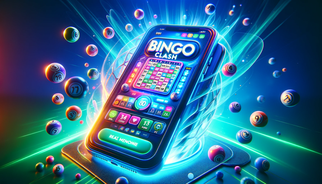 DALL·E 2023 12 26 17.53.53 Create a thumbnail for the blog post Bingo Clash Review. Background Vibrant blend of electric blue and neon green with a hyper realistic 3D rende