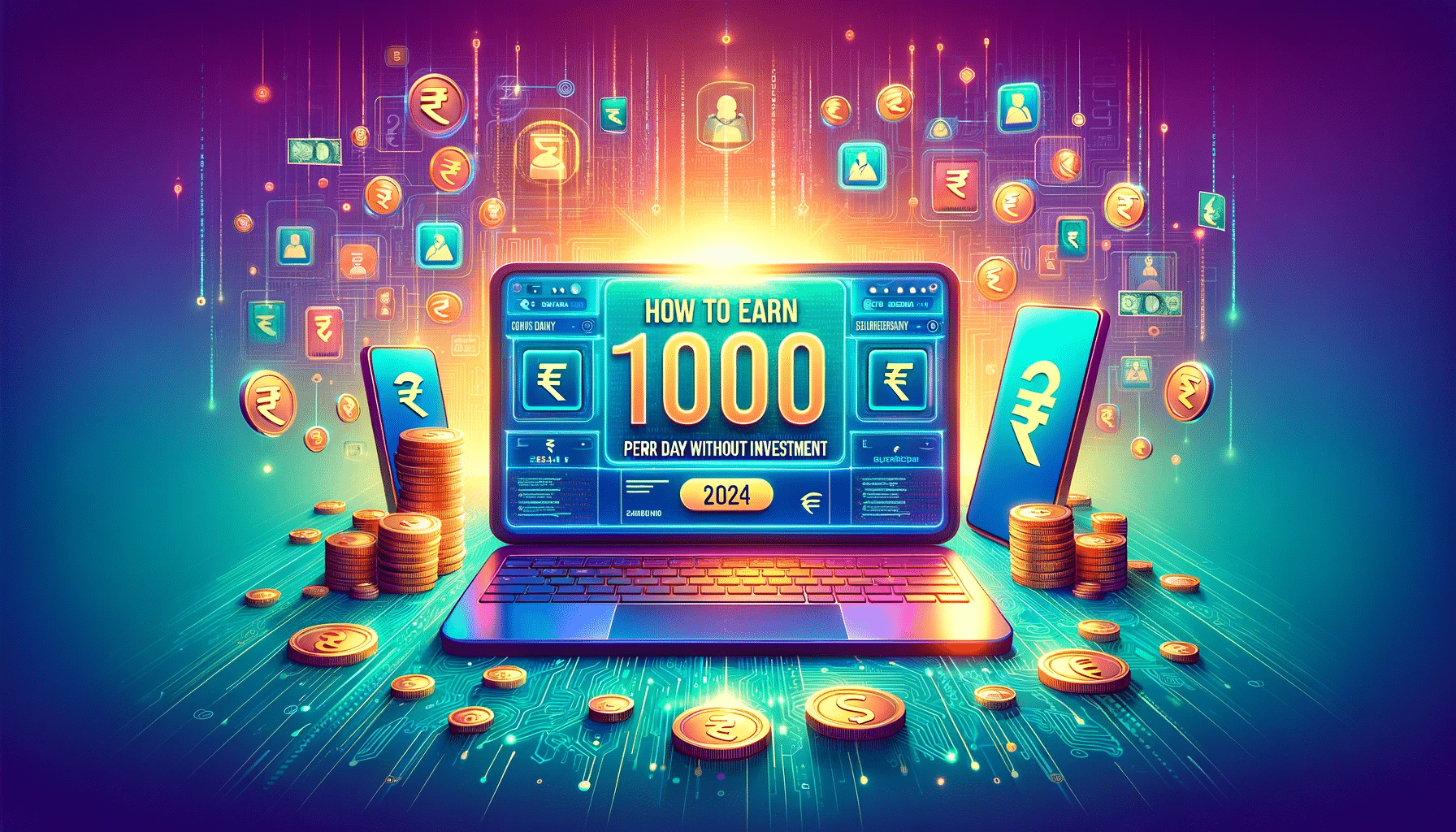 DALL·E 2024 01 06 18.19.32 Create a thumbnail for How To Earn 1000 Rs Per Day Without Investment Online 2024. Background Vibrant gradient from teal to purple with digital pat
