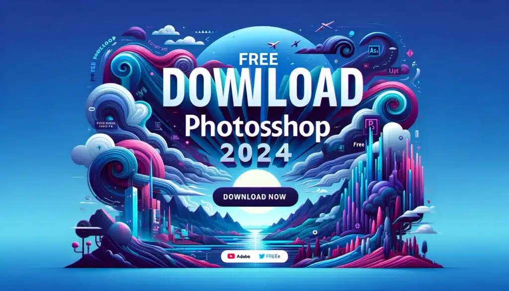 DALL·E 2024 03 13 08.40.23 Design a captivating 16 9 image to advertise a free download of Adobe Photoshop 2024. Include a large bold text that says Free Download Adobe Photos