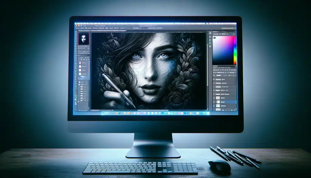 DALL·E 2024 03 15 23.49.39 An artists digital workspace featuring a large high resolution monitor displaying a vibrant detailed Photoshop interface. The screen shows a photo
