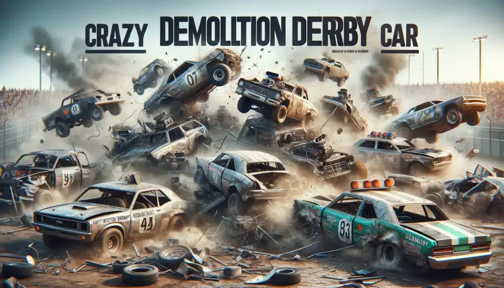 DALL·E 2024 03 29 02.29.45 Design a hyper realistic photograph like thumbnail for a blog post titled Crazy Demolition Derby Car . The image should feature a chaotic and thrill