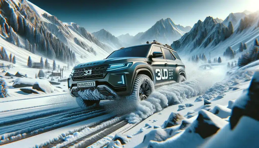 DALL·E 2024 03 29 02.48.27 Design a hyper realistic photograph like thumbnail for a blog post titled SUV Snow Driving 3D . The image should depict an action packed scene with