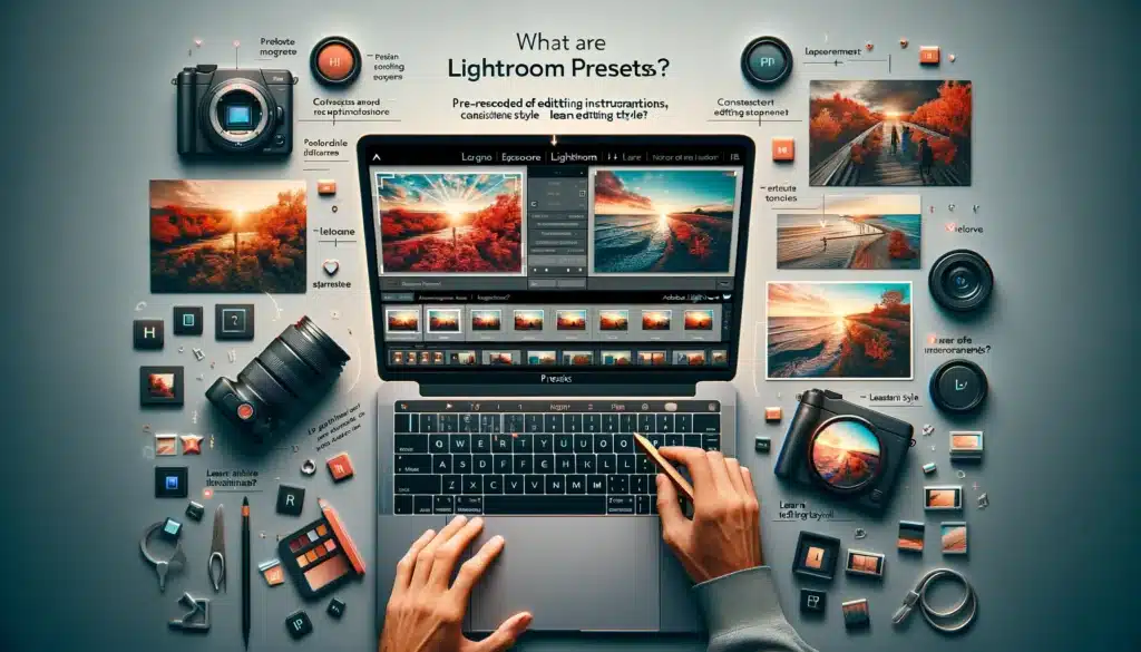 DALL·E 2024 05 31 05.20.30 An educational image explaining What Are Lightroom Presets The image should include a laptop screen showing Adobe Lightroom with an open Presets