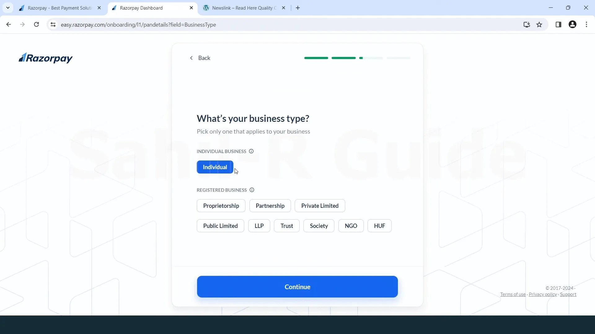 Select Your Business Type (step 7)