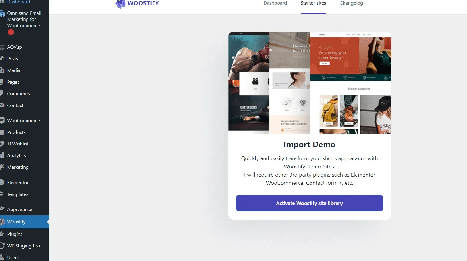 Screenshot showing import a template from woocommerce sites library — step 6
