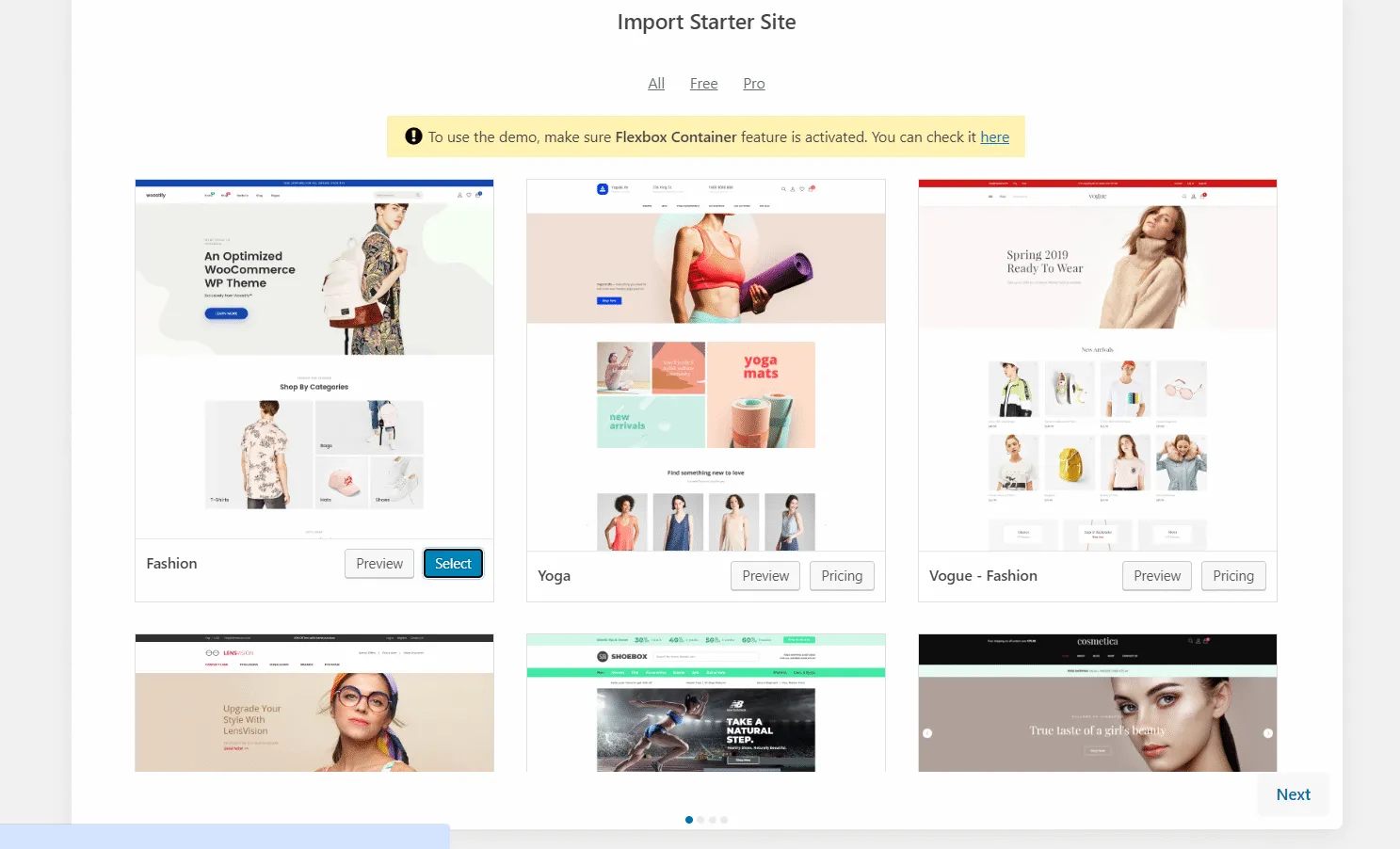 Screenshot showing import a template from woocommerce sites library — featured