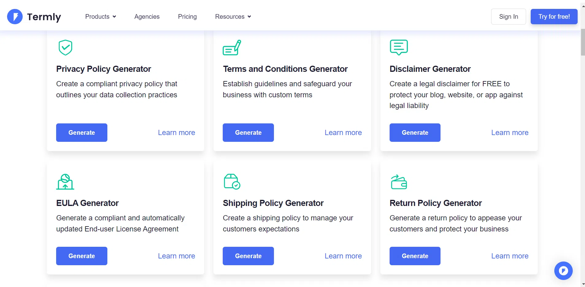 Screenshot showing create essential pages using termly.io