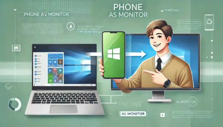 DALL·E 2024 11 26 02.12.06 A professional and clean design image illustrating the concept of using a smartphone as a second monitor for a laptop. The image features a smiling pe