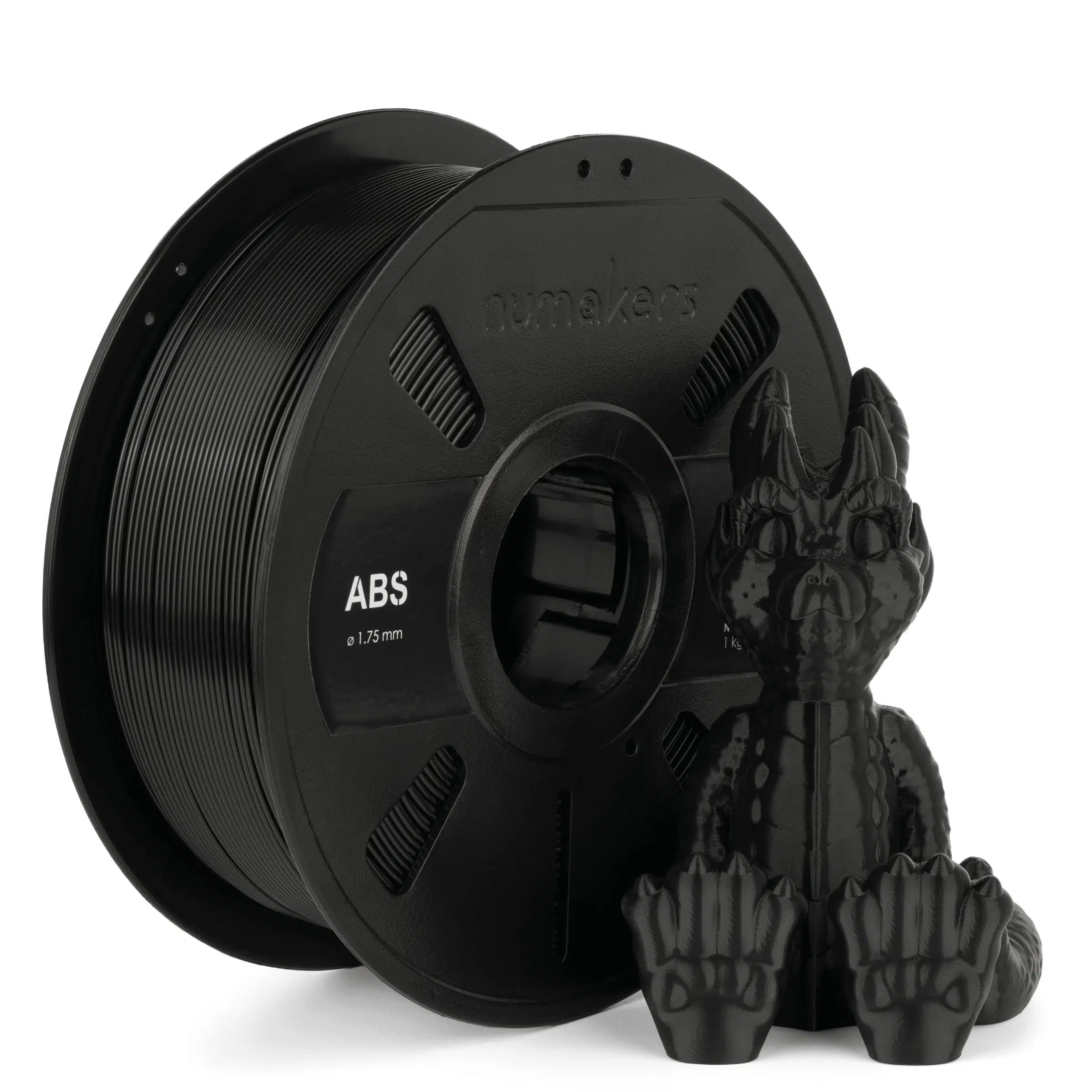 Spool of black ABS filament next to a functional 3D printed part.