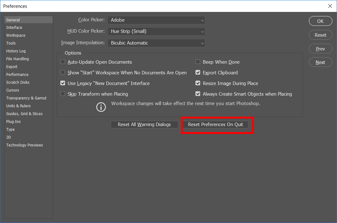 Photoshop Preferences General tab with Reset Preferences on Quit highlighted
