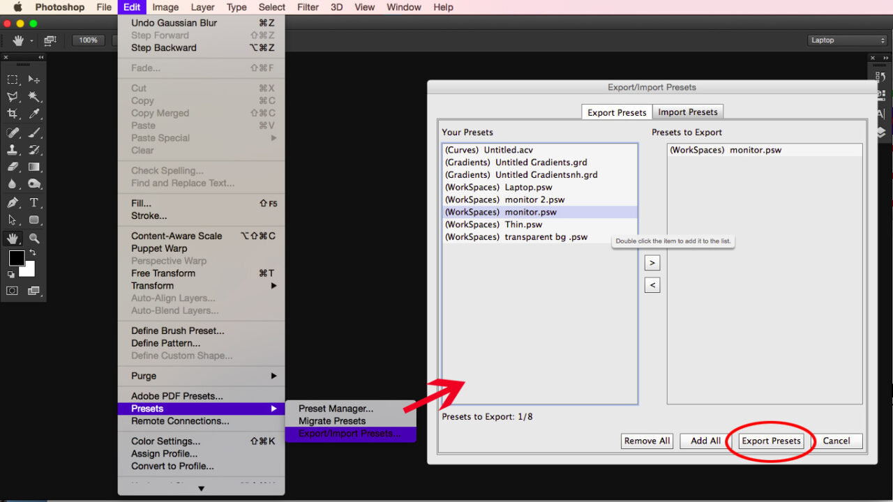 Photoshop Export/Import Presets dialog showing various preset types being exported