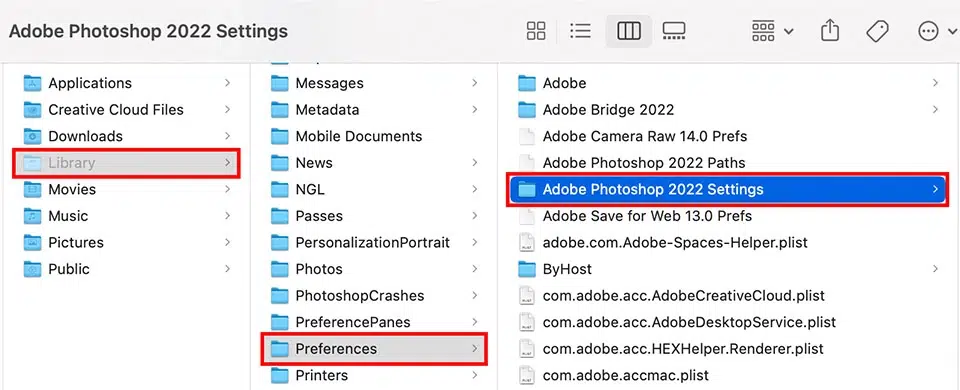 Finder window showing macOS Library Preferences path to Photoshop settings folder.