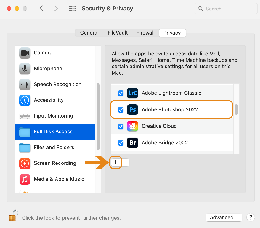 macOS System Settings Privacy & Security Full Disk Access for Adobe Photoshop