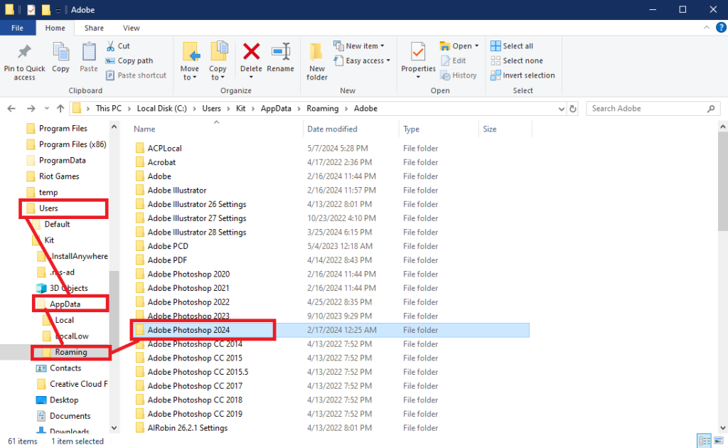 File Explorer window showing Windows AppData path to Photoshop settings folder.