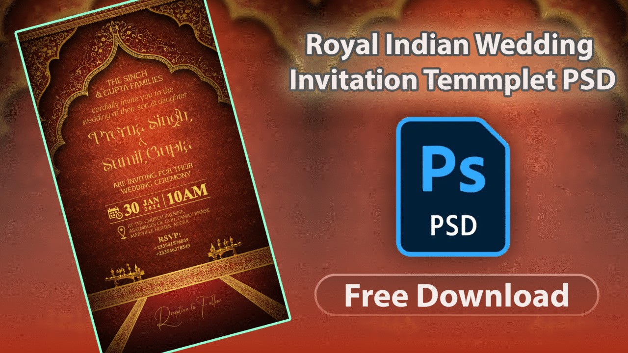 Royal Indian Wedding Invitation Temmplet PSD (Free Download) | Deep Red & Gold Foil Design