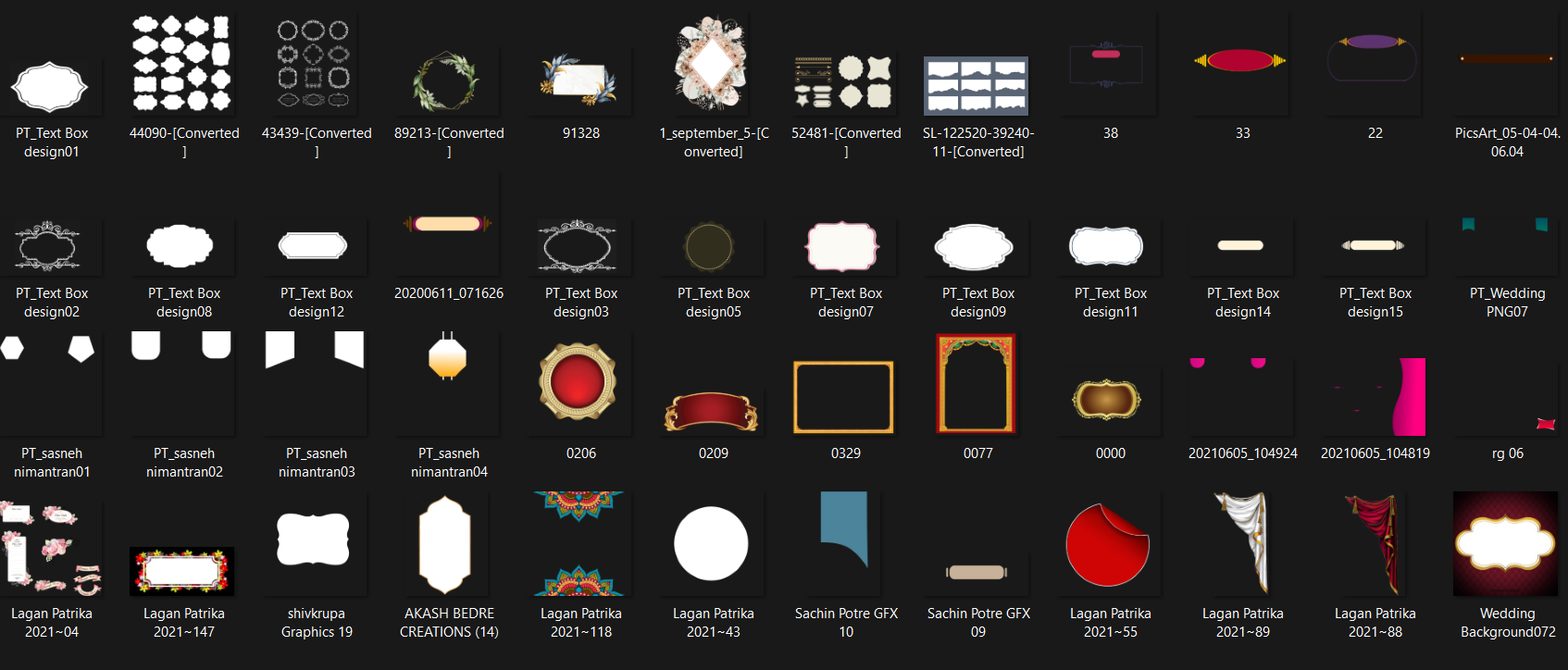 Preview of text label and title frame PNGs for Indian wedding invitations, including badges, boxes, and ornate frames.