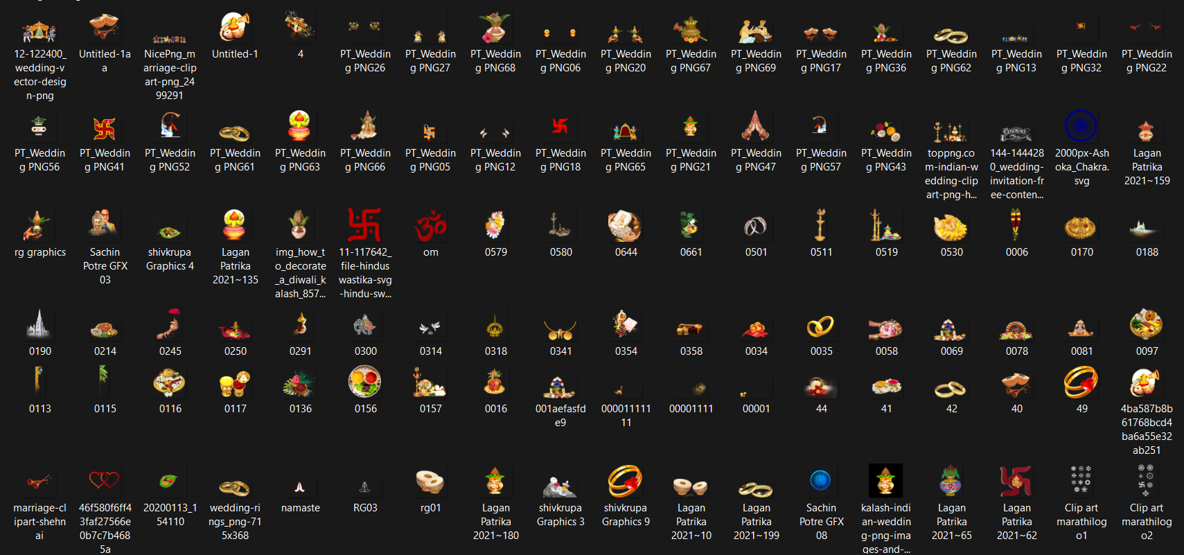 Preview of trending Indian wedding elements PNGs including rings, kalash, diya, dhol, palki, and ritual icons.