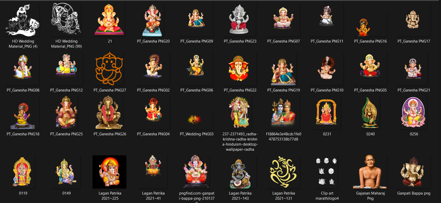 Preview of Ganpati and deity PNG artwork for Indian wedding cards, including Lord Ganesha and other spiritual figures.