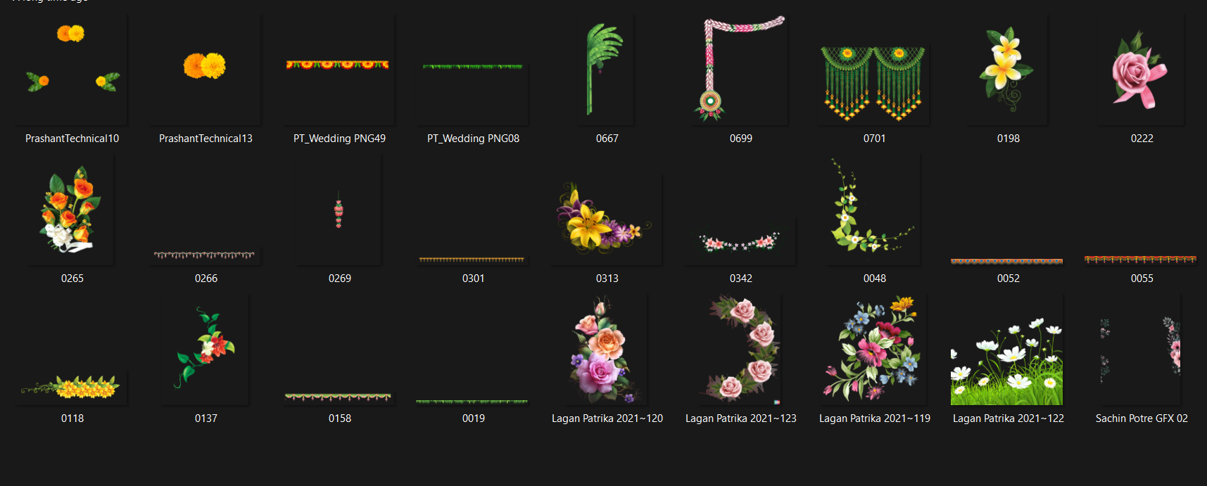 Preview of flower PNG garlands, borders, and decorative floral elements for Indian wedding invitations.